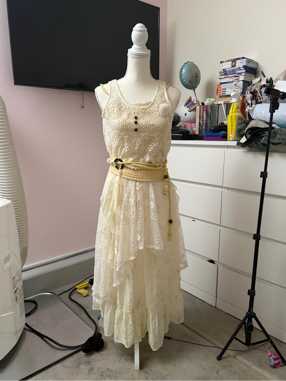 Boho Lace Layered Ivory Maxi Dress with Waist Tie